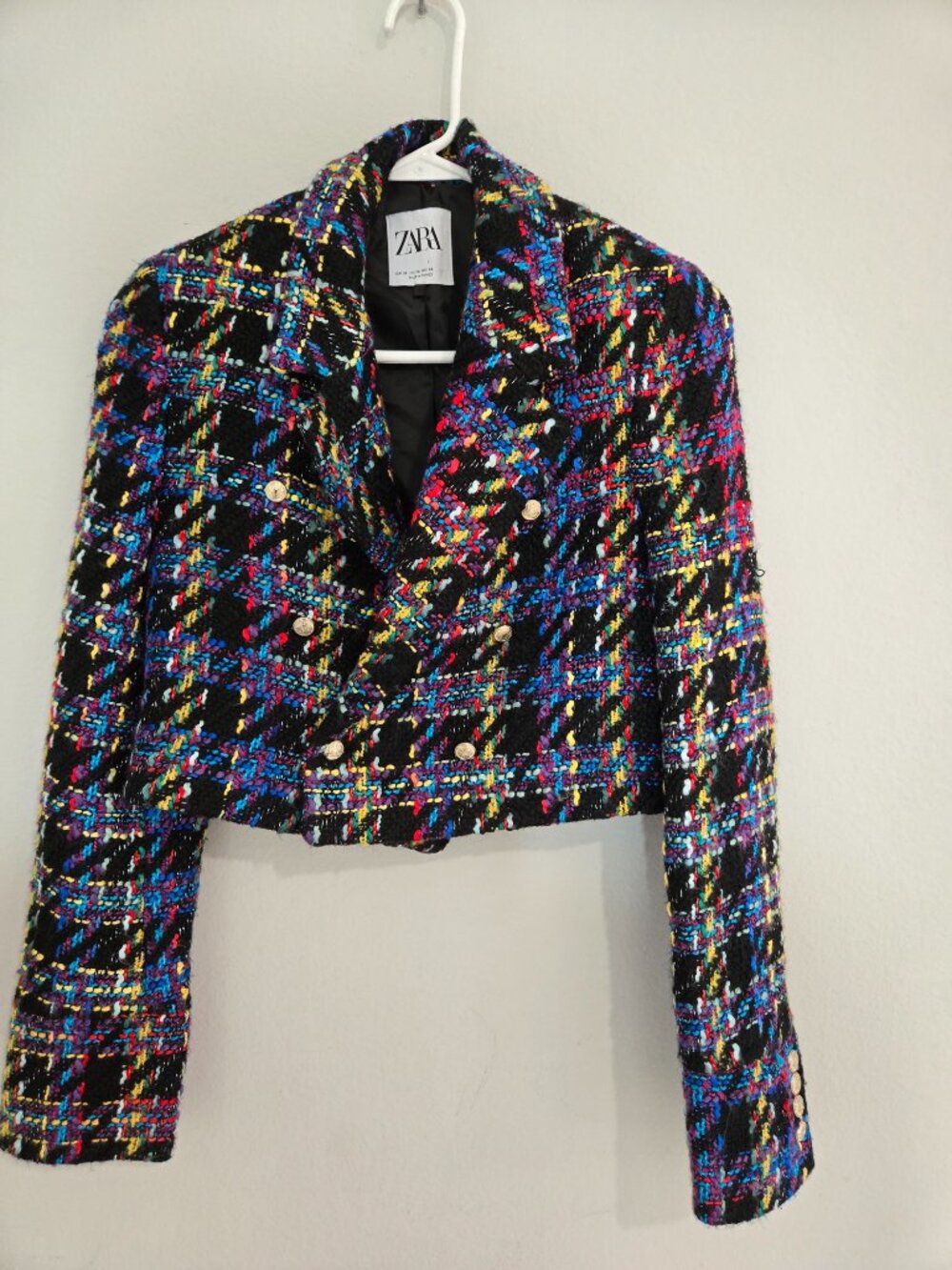 Zara Multicolor Tweed Cropped Blazer Double Breasted Gold Buttons size XS
